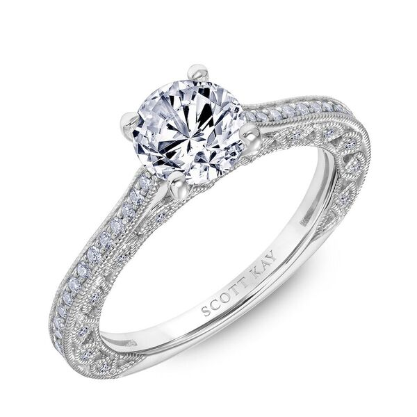 Scott Kay Heavens Gate 1/4 ct. tw. Diamond Semi-Mount Engagement Ring with Milgrain Diamond-Shaped Design in 14K White Gold