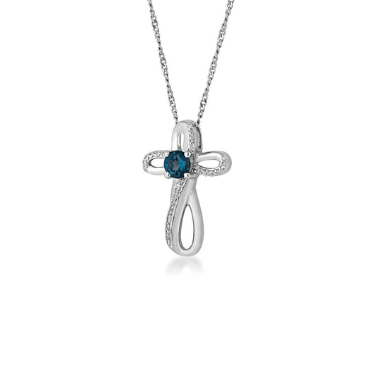 London Blue Topaz .05 ct. tw. Diamond Cross Pendant in Sterling Silver