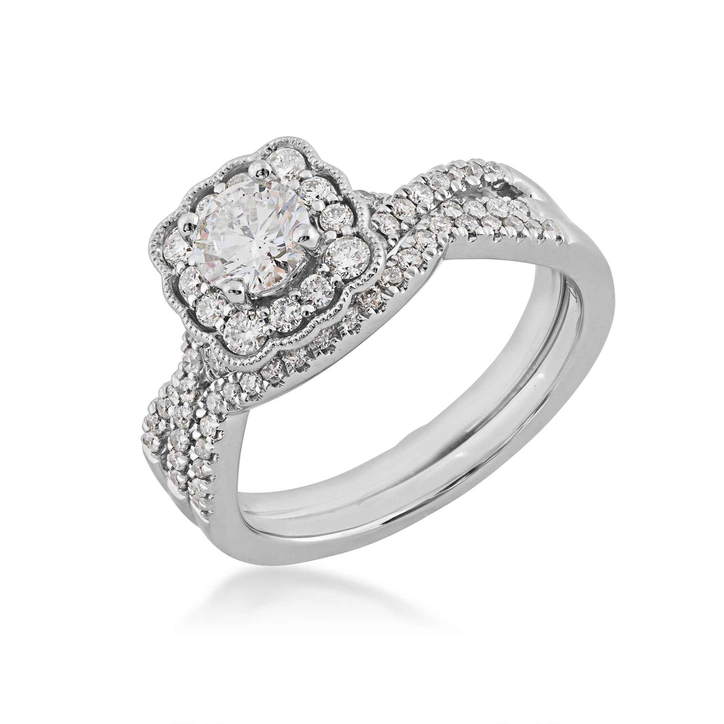 Natural 1 ct. tw. Round Brilliant Diamond Square Scalloped Halo Wedding Set in 14K White Gold front view