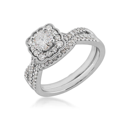 Natural 1 ct. tw. Round Brilliant Diamond Square Scalloped Halo Wedding Set in 14K White Gold front view