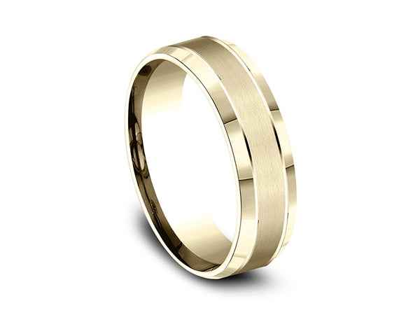 Benchmark Men's 6MM Beveled Edge Wedding Band with Satin Center in 10K Yellow Gold front view