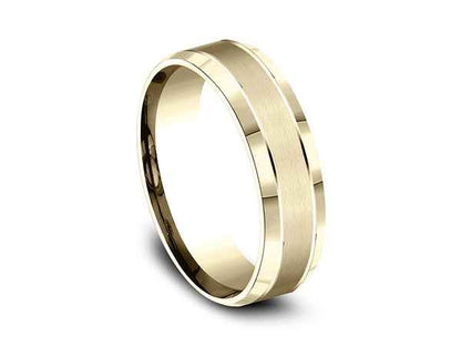 Benchmark Men's 6MM Beveled Edge Wedding Band with Satin Center in 10K Yellow Gold front view