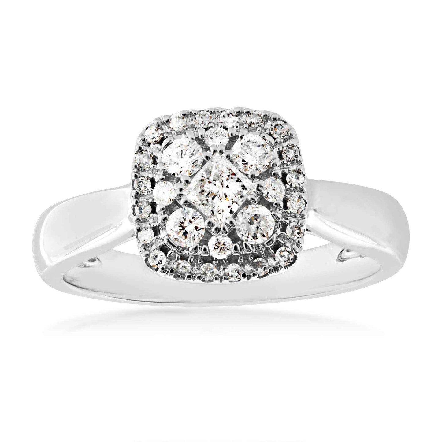 1/2 ct. tw. Princess Cut Cluster with Halo Design Diamond Engagement Ring in 14K White Gold
