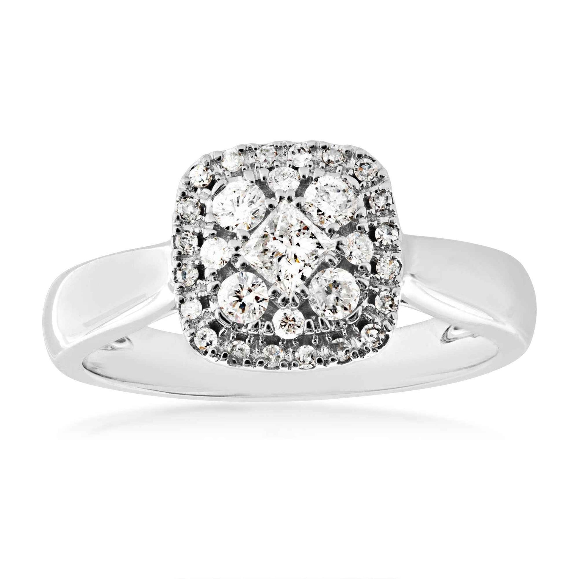1/2 ct. tw. Princess Cut Cluster with Halo Design Diamond Engagement Ring in 14K White Gold