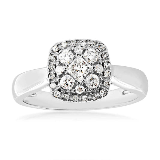 1/2 ct. tw. Princess Cut Cluster with Halo Design Diamond Engagement Ring in 14K White Gold