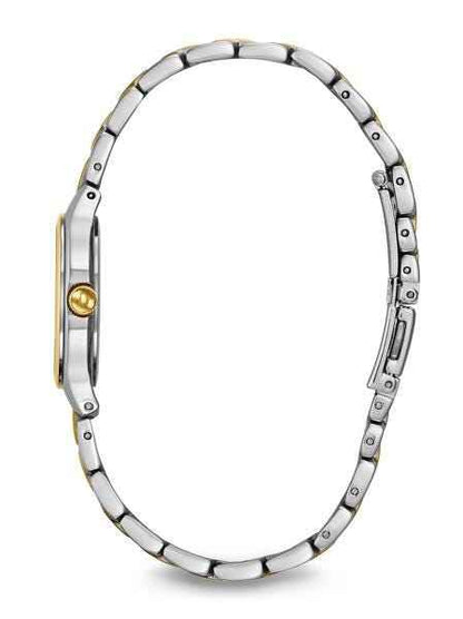 Bulova Classic Collection Ladies' White Dial Watch with Roman Numeral Accent in Two-Tone Stainless Steel front view