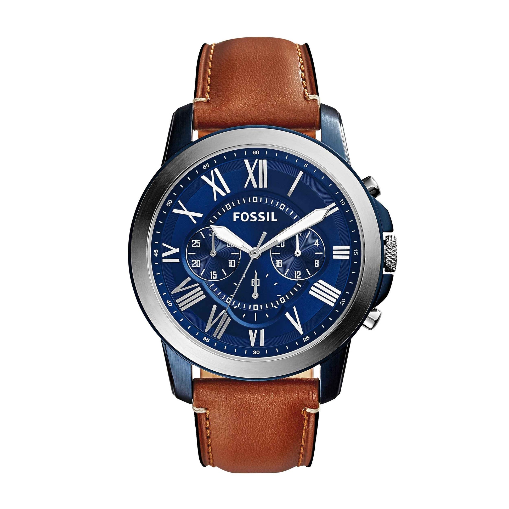 Fossil Men's Grant Chronograph Watch with Brown Leather Strap and Blue Dial