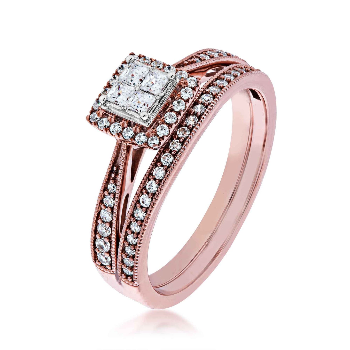 Fairytale Diamonds 3/8 ct. tw Diamond Quad Halo Wedding Set with Milgrain Detailing in 10K Pink Gold front view