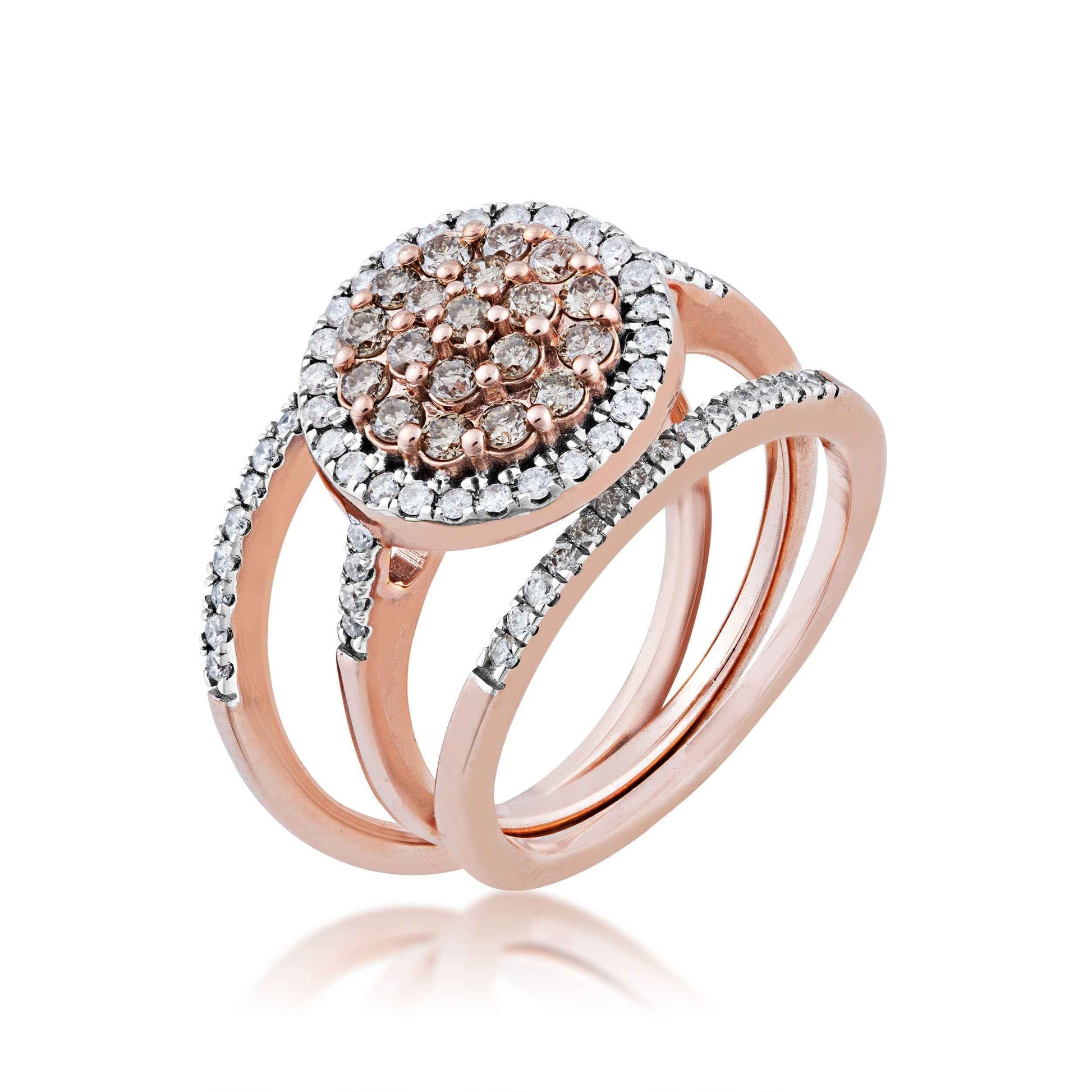 Mocha Cluster and 9/10 ct. tw. Diamond Halo Fashion Ring with Diamond Band Accents in 10K Pink Gold front view
