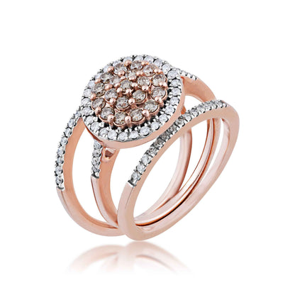 Mocha Cluster and 9/10 ct. tw. Diamond Halo Fashion Ring with Diamond Band Accents in 10K Pink Gold front view