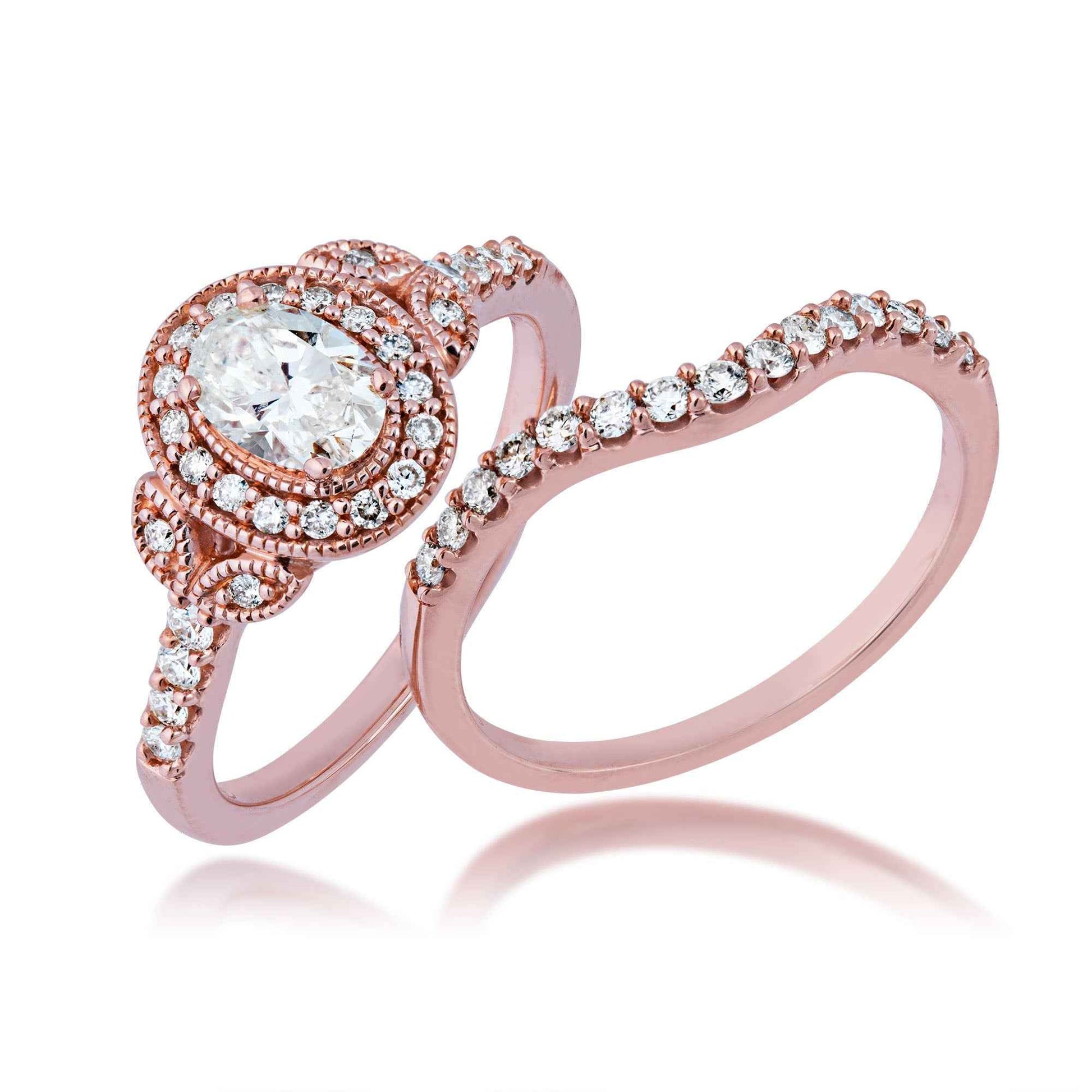 Amaura Collection 1 ct. tw Oval Diamond Halo Wedding Set with Floral Milgrain Inspired Band in 14K Pink Gold close-up detail