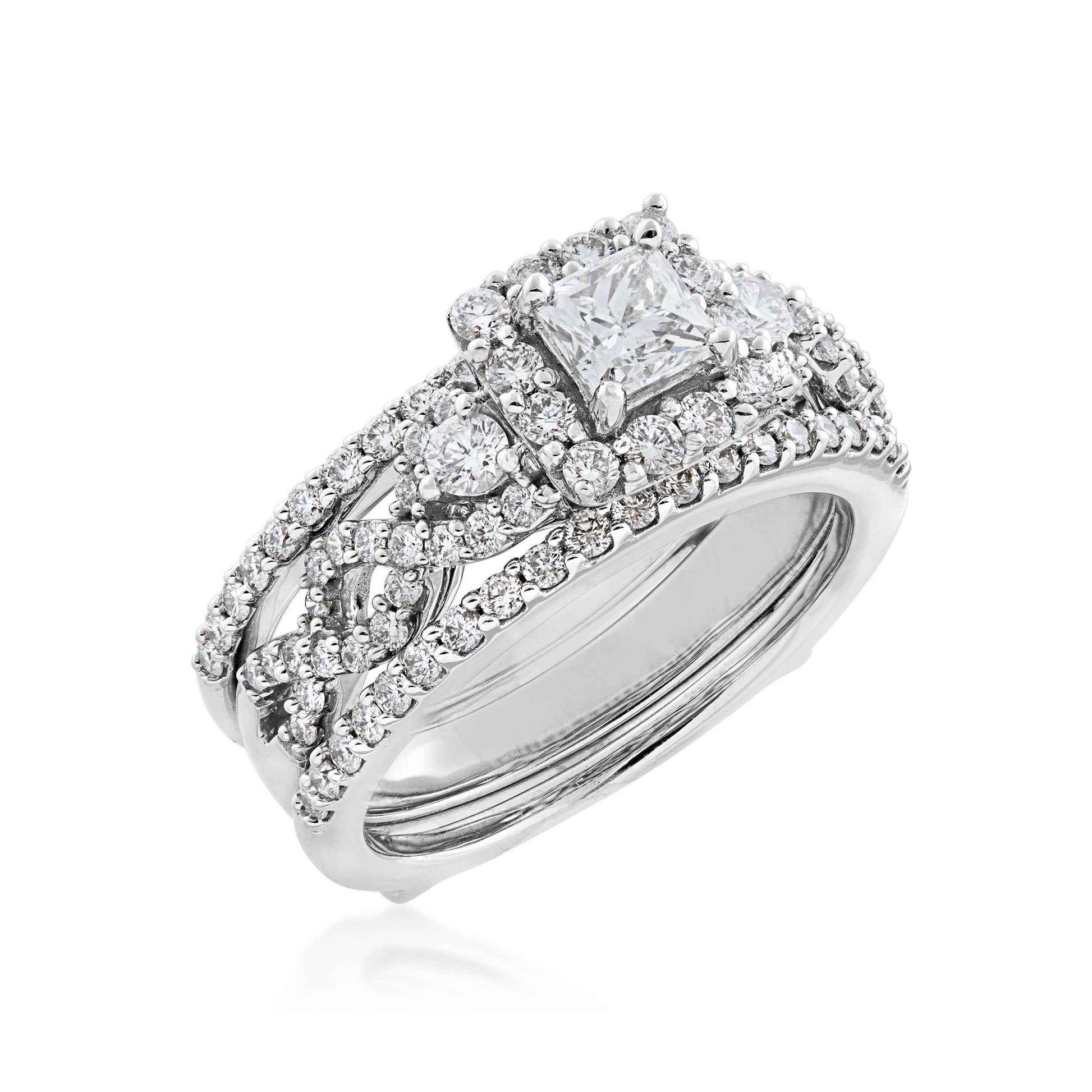 Noventa 1-1/2 ct. tw. Princess Cut Diamond Halo Wedding Set with Twist Band in 14K White Gold front view