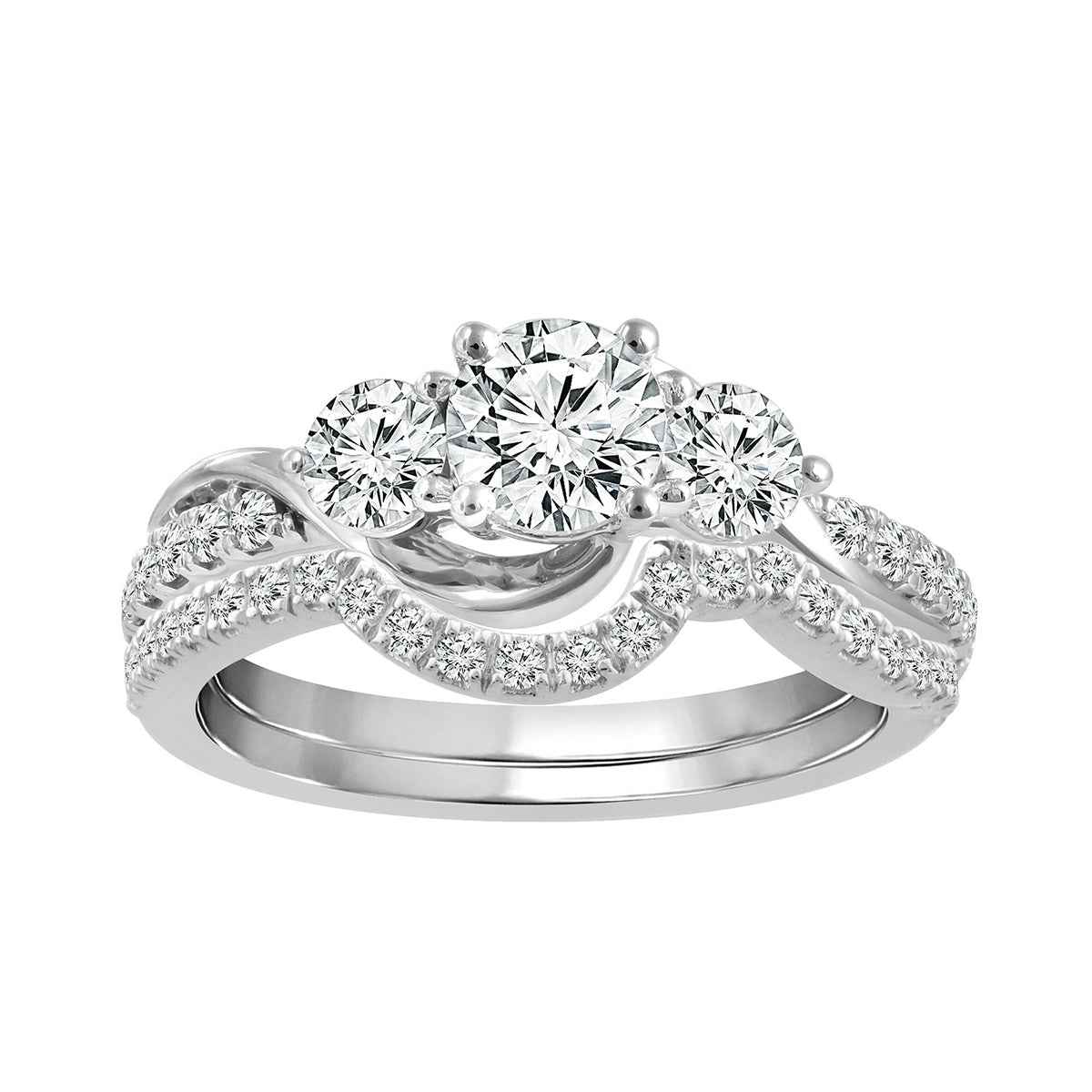 1-1/8 ct. tw. Round Brilliant 3-stone Diamond Wedding Set with Contoured Diamond Band in 10K White Gold