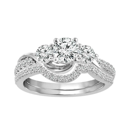 1-1/8 ct. tw. Round Brilliant 3-stone Diamond Wedding Set with Contoured Diamond Band in 10K White Gold
