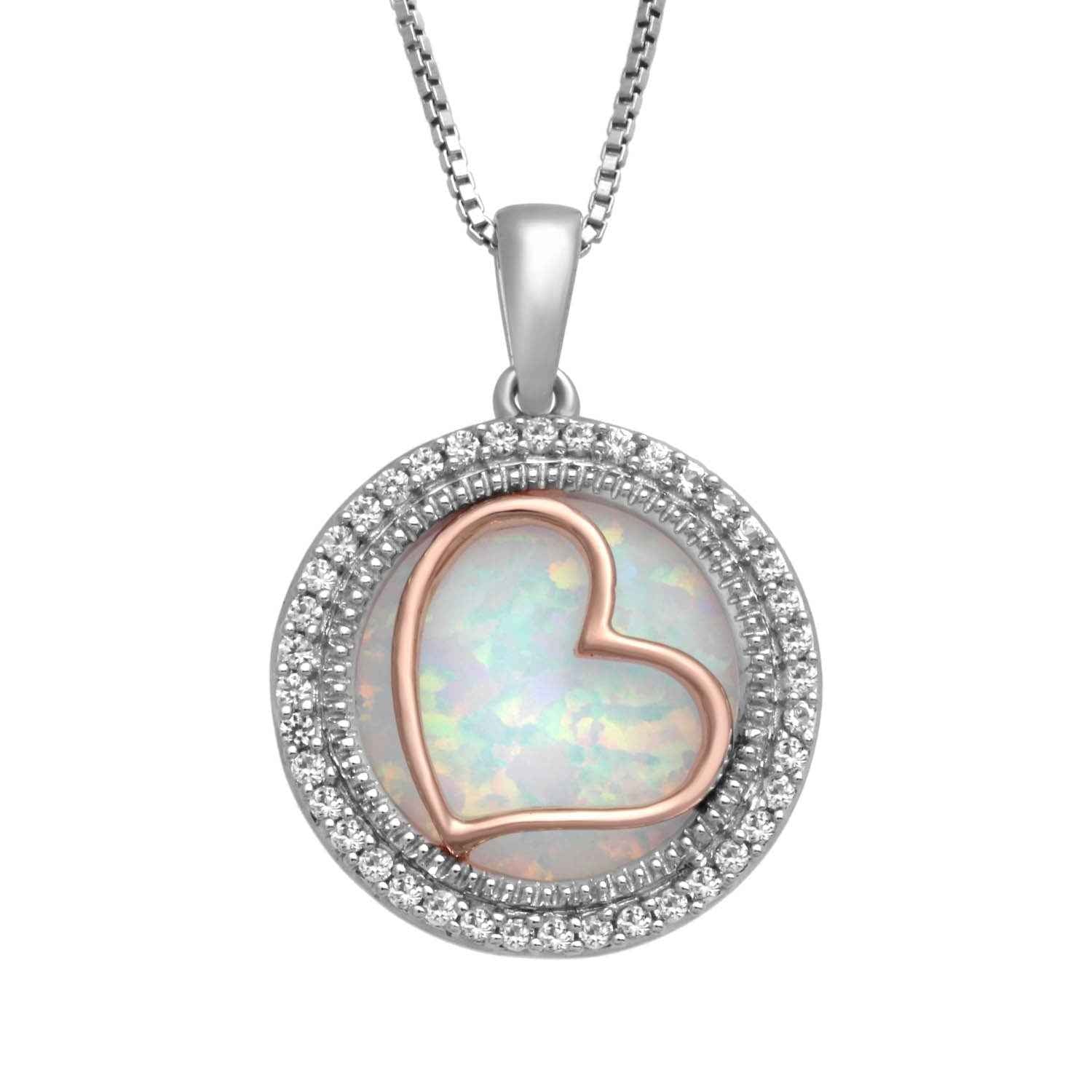 Created Opal & White Sapphire Halo Fashion Pendant with Heart in Two-Tone Sterling Silver