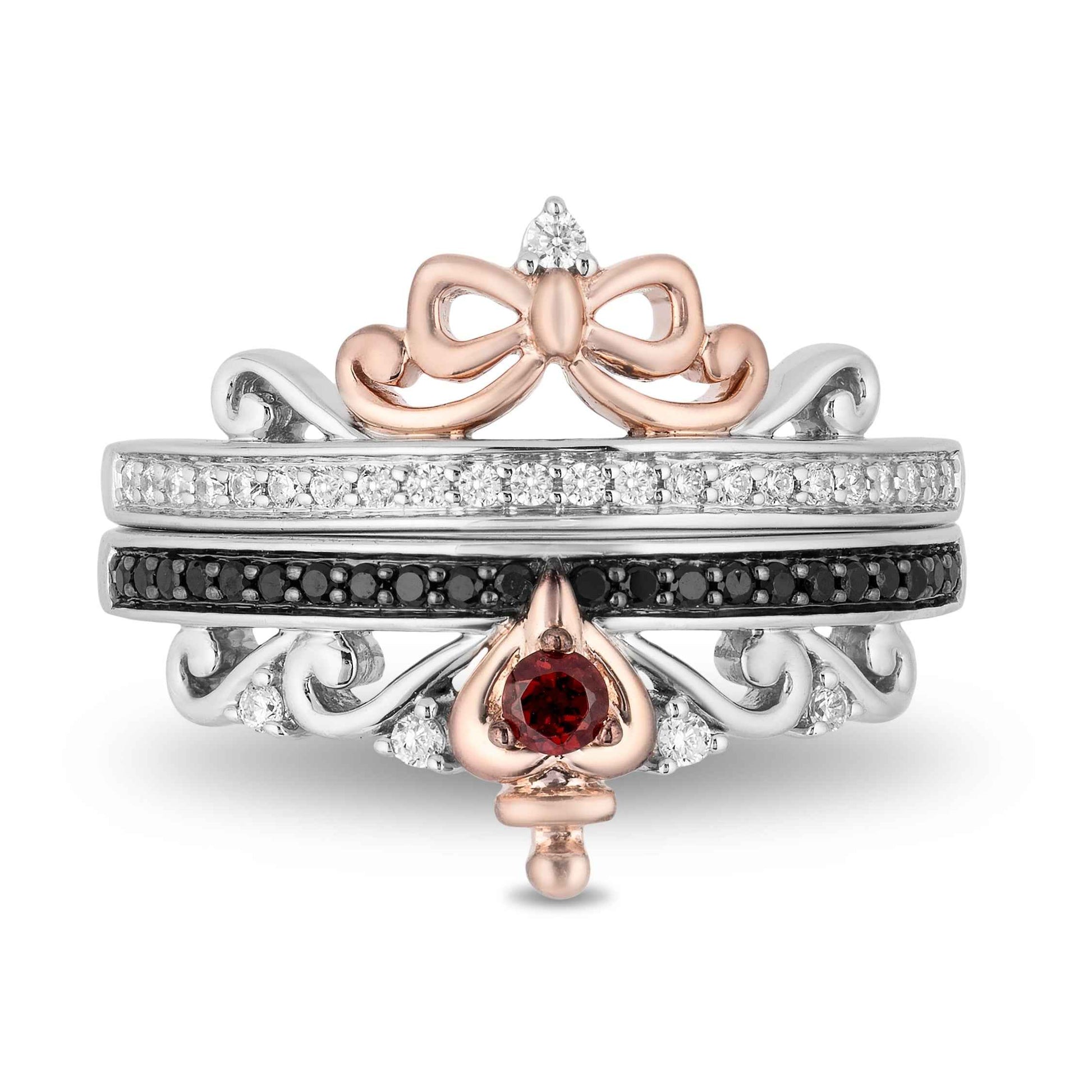 Enchanted Disney Garnet & 1/4 ct. tw. White & Treated Black Diamond Stackable Ring Set in Sterling Silver and 10K front view