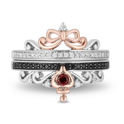 Enchanted Disney Garnet & 1/4 ct. tw. White & Treated Black Diamond Stackable Ring Set in Sterling Silver and 10K front view