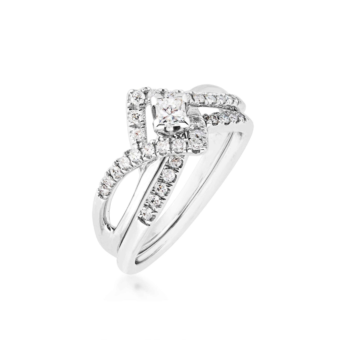 Natural 1/2 ct. tw. Princess Cut Diamond Angular Halo Wedding Set in 10K White Gold front view
