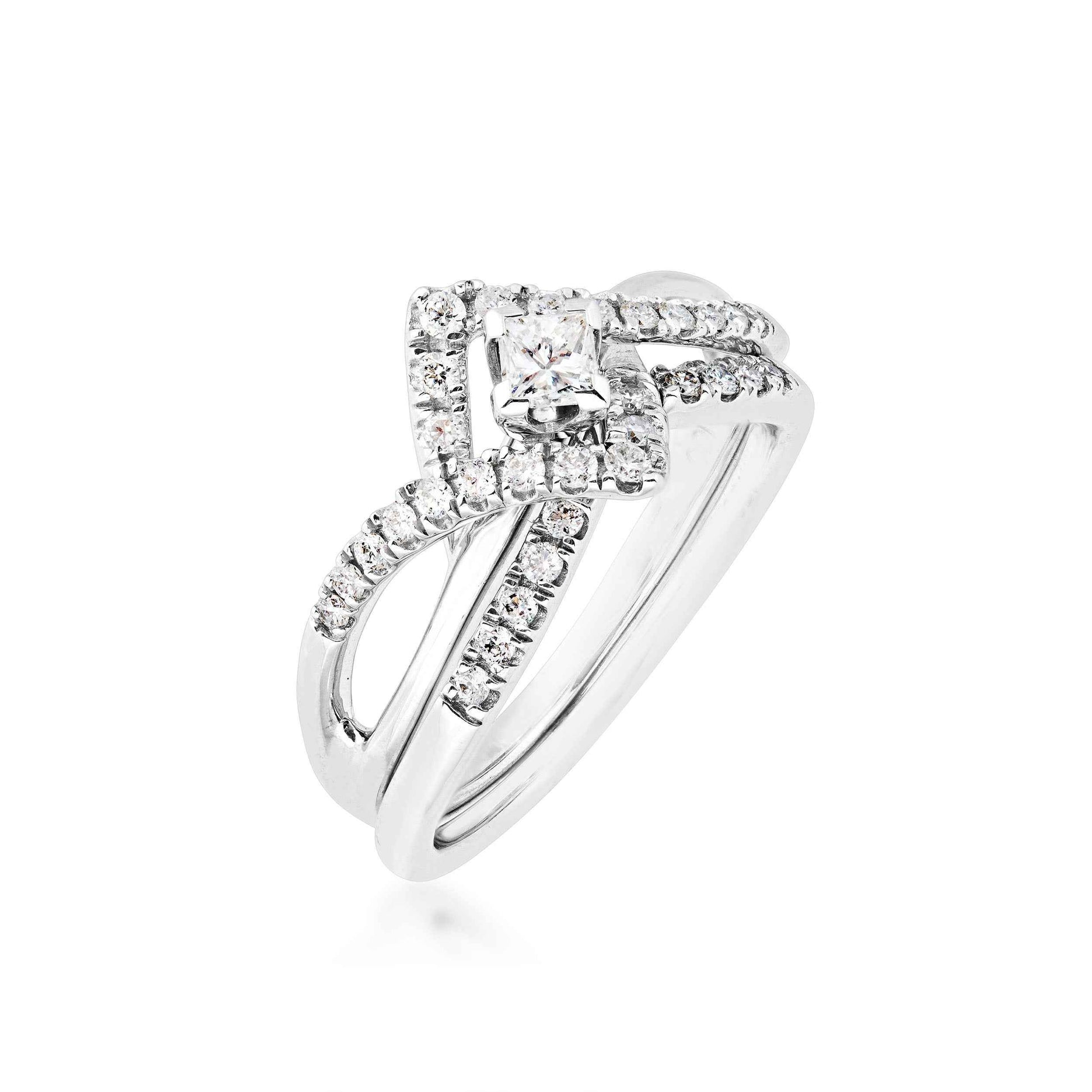 Natural 1/2 ct. tw. Princess Cut Diamond Angular Halo Wedding Set in 10K White Gold front view