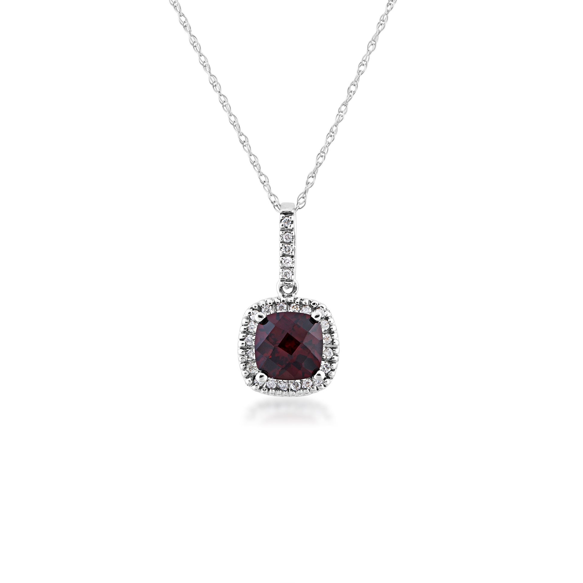 Garnet and 1/10 ct. tw. Diamond Cushion Halo Pendant in 10K White Gold