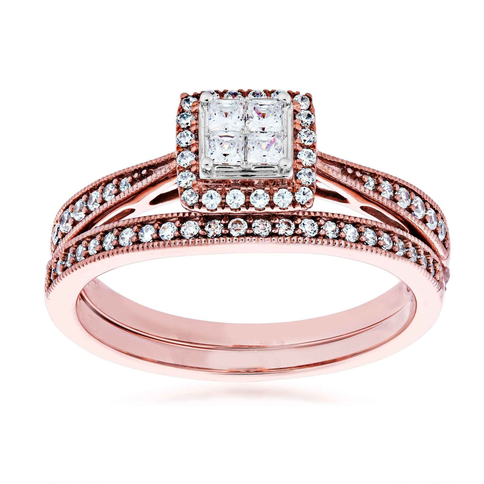 Fairytale Diamonds 3/8 ct. tw Diamond Quad Halo Wedding Set with Milgrain Detailing in 10K Pink Gold
