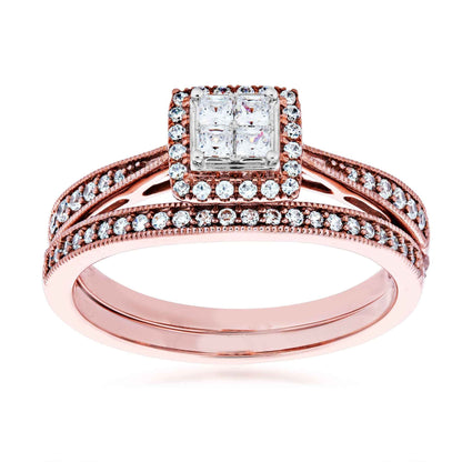 Fairytale Diamonds 3/8 ct. tw Diamond Quad Halo Wedding Set with Milgrain Detailing in 10K Pink Gold