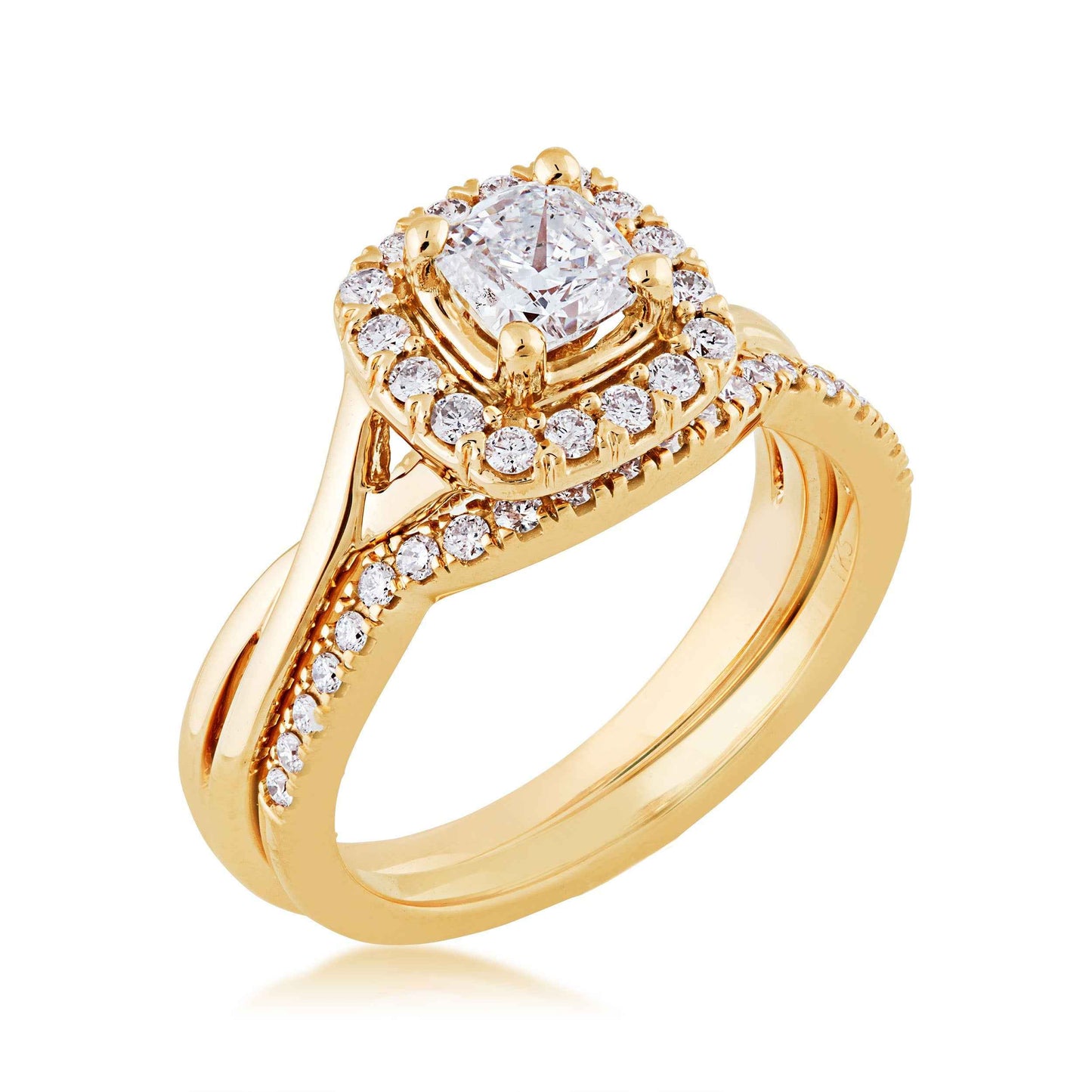Noventa 1-1/5 ct. tw. Cushion Cut Halo Wedding Set with Twist Band in 14K Yellow Gold front view