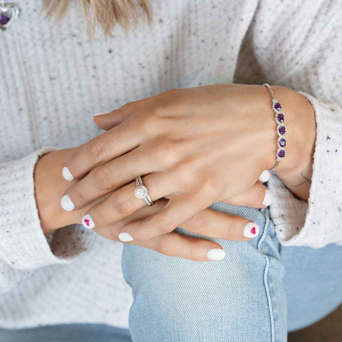 Heart Amethyst and Created White Sapphire XO Bolo Bracelet in Sterling Silver front view
