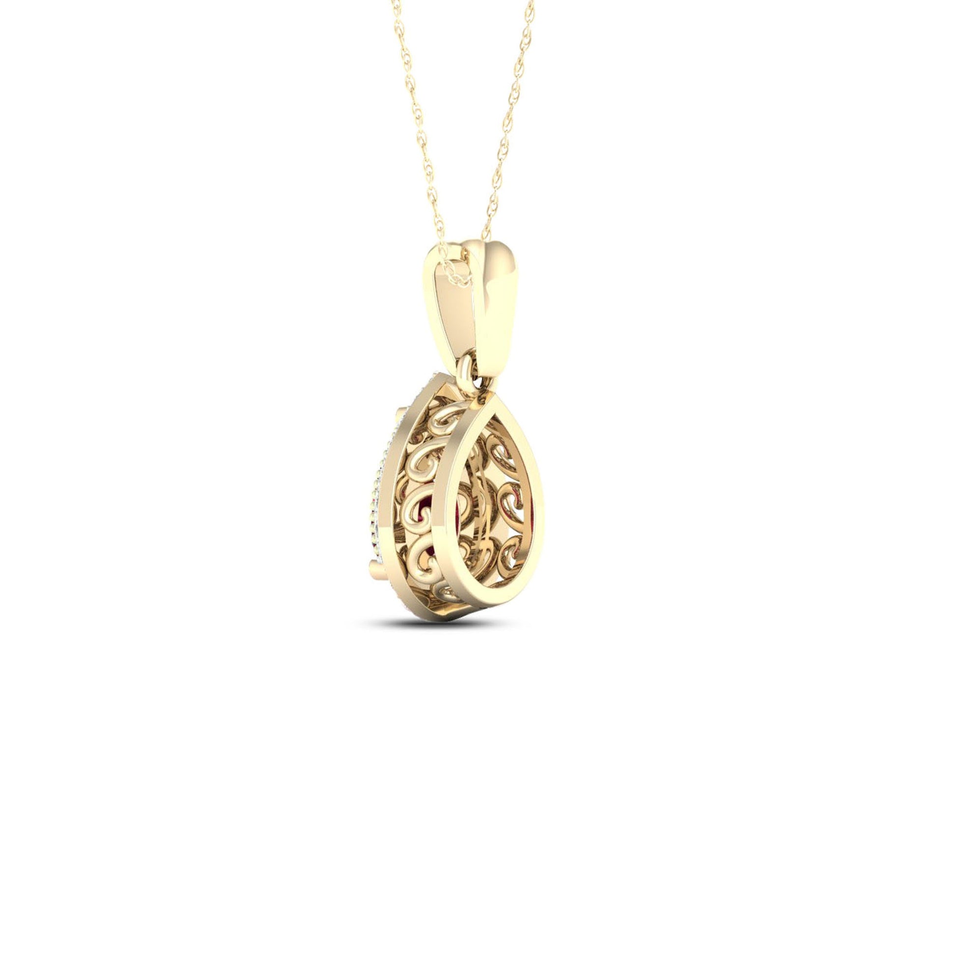 Red Pear-Shaped Ruby and .08 ct. tw. Diamond Halo Pendant with Milgrain and Filigree Design in 10K Yellow close-up detail