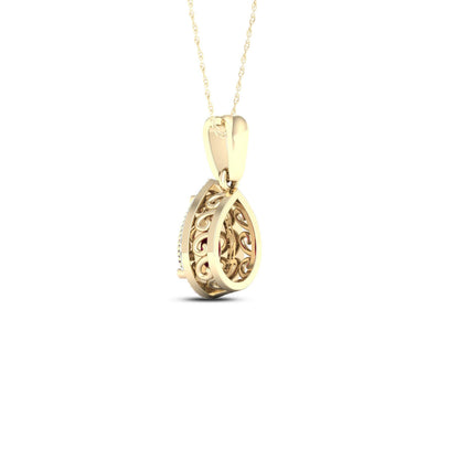 Red Pear-Shaped Ruby and .08 ct. tw. Diamond Halo Pendant with Milgrain and Filigree Design in 10K Yellow close-up detail