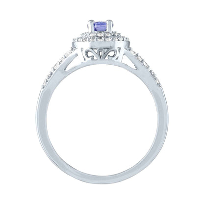 Genuine Oval Tanzanite and Created White Sapphire Double Halo Ring with Split Band in Sterling Silver front view