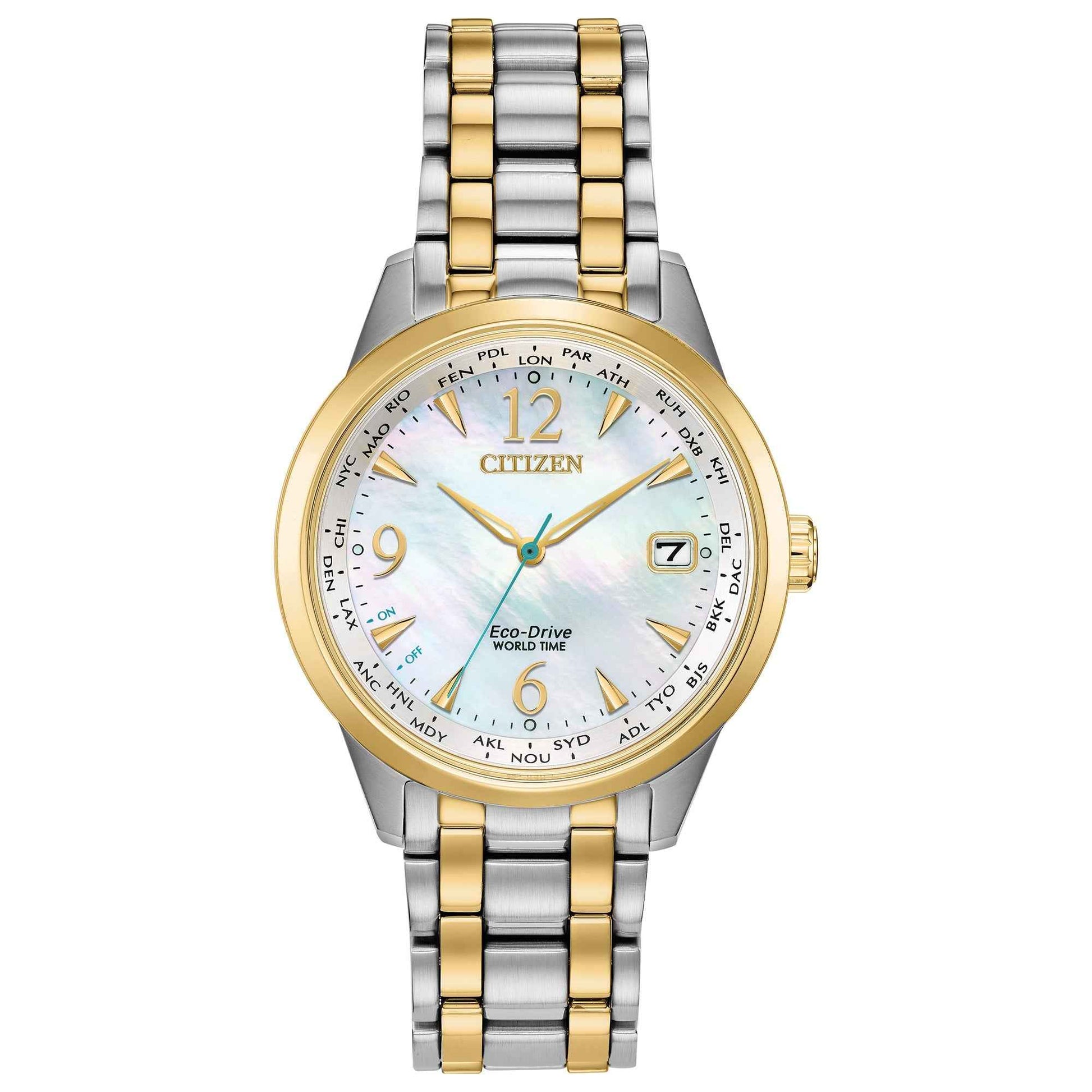 Citizen Ladies' World Time Analog Two Tone Stainless Steel Watch with Mother of Pearl Dial