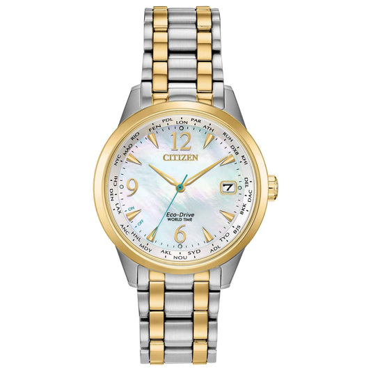 Citizen Ladies' World Time Analog Two Tone Stainless Steel Watch with Mother of Pearl Dial