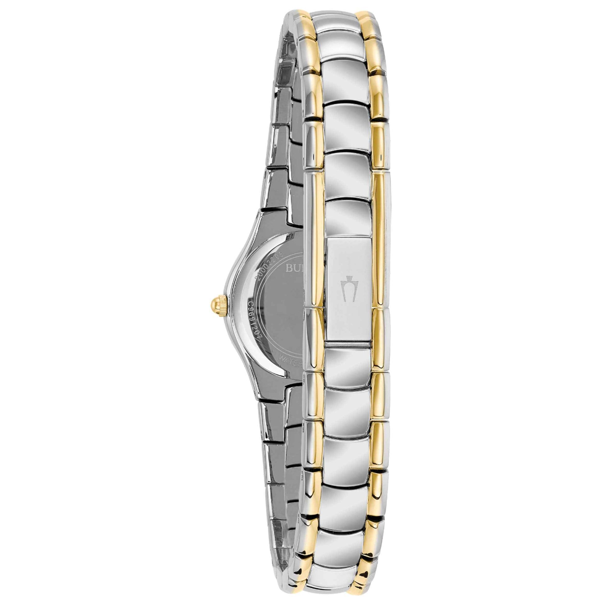 Bulova Classic Collection Ladies' White Dial with Curved Crystal with Metallized Rim in Two-Tone Stainless close-up detail