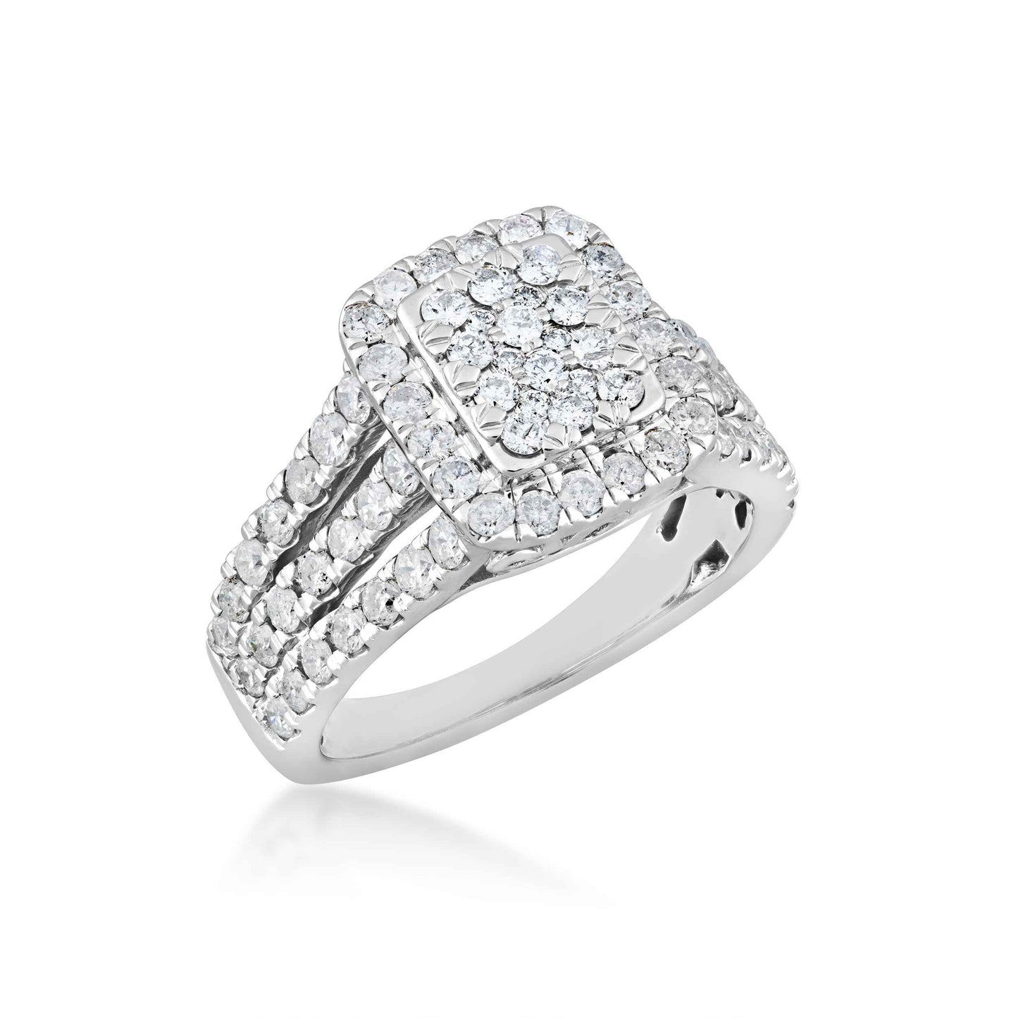 Fairytale Diamonds 1-1/2 ct. tw. Quad with Halo Diamond Engagement Ring with Triple Split Band in 10K White Gold front view
