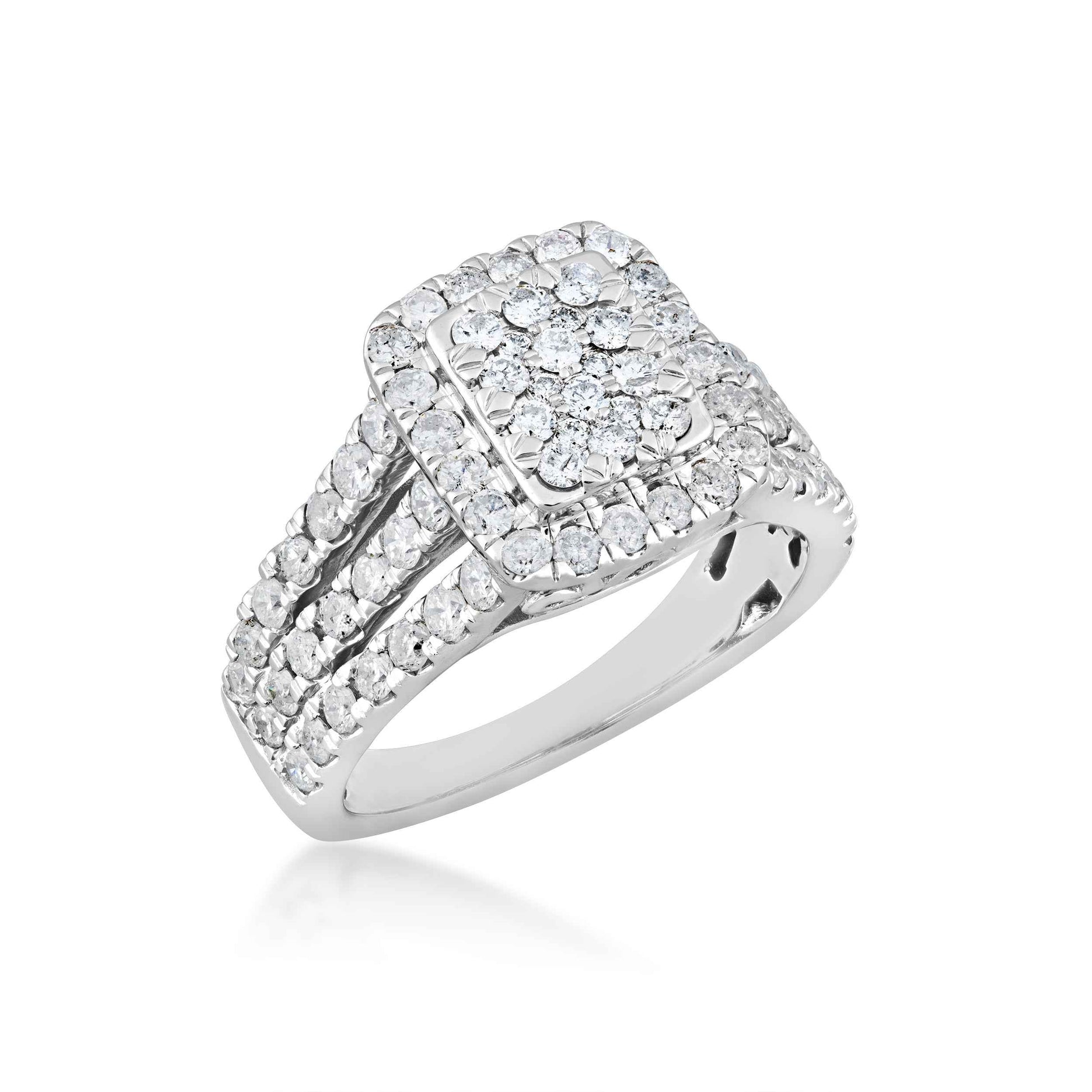 Fairytale Diamonds 1-1/2 ct. tw. Quad with Halo Diamond Engagement Ring with Triple Split Band in 10K White Gold front view