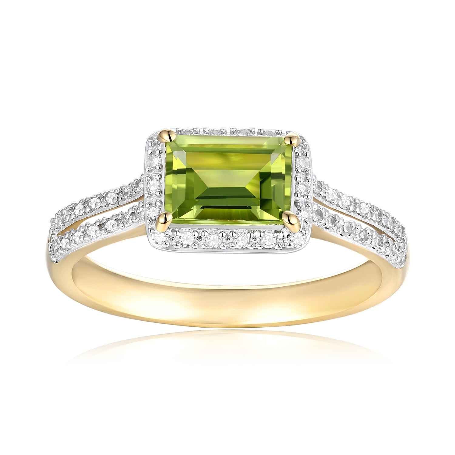 Tapered Baguette Peridot and 1/7 ct. tw. Diamond Fashion Ring with Split Band Design in 10K Yellow Gold