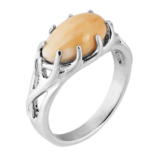 Ladies' Elk Ivory Cabochon Cut Ring with Antler Accented Band in Sterling Silver front view