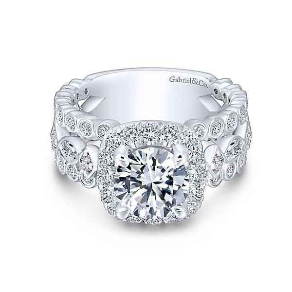 Gabriel & Co. 1-1/3 ct. tw. Round Halo Semi-Mount Engagement Ring with Filigree Design and Split Side Bands in 14K White Gold