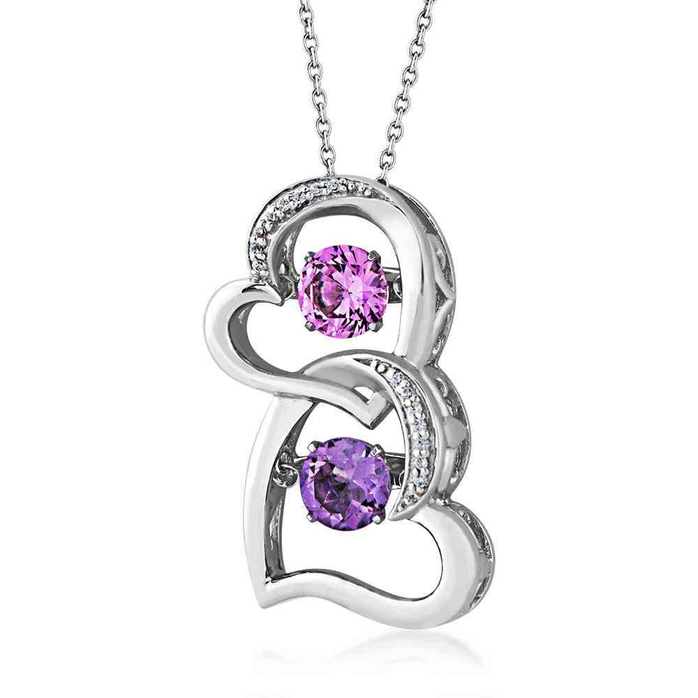 Round Twinkling Amethyst & Created Pink Sapphire Double Heart Pendant in 10K White Gold
