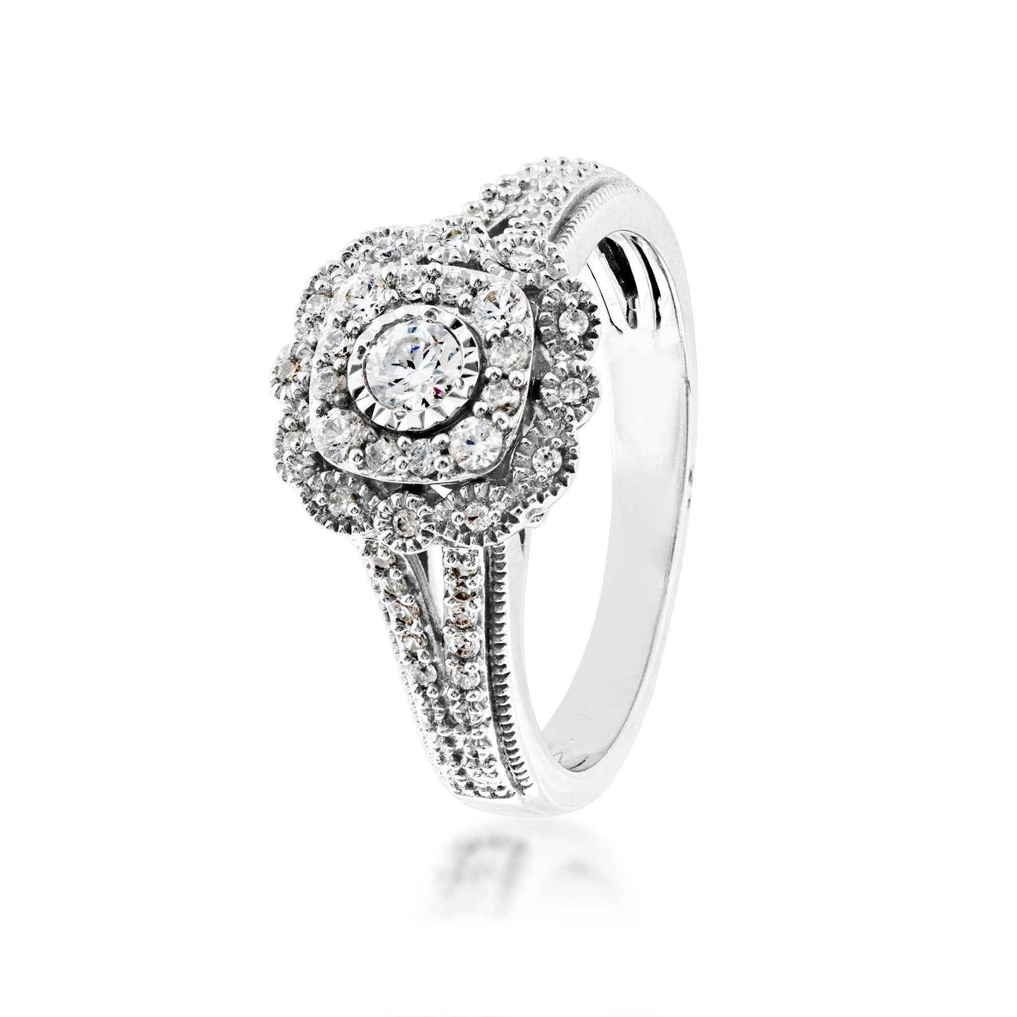 True Promise 3/8 ct. tw. Double Halo Miracle Plate Engagement Ring with Split Shank in 10K White Gold front view
