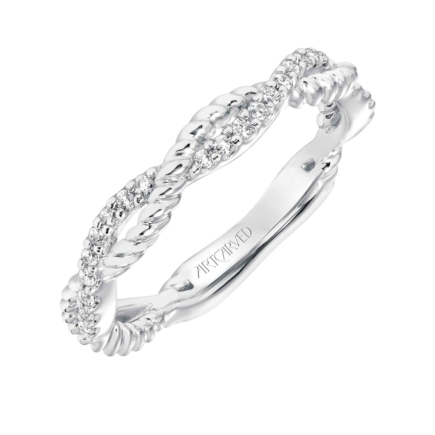 ArtCarved Contemporary 1/5 ct. tw. Diamond and Rope Accent Twisted Wedding Band in 14K White Gold front view