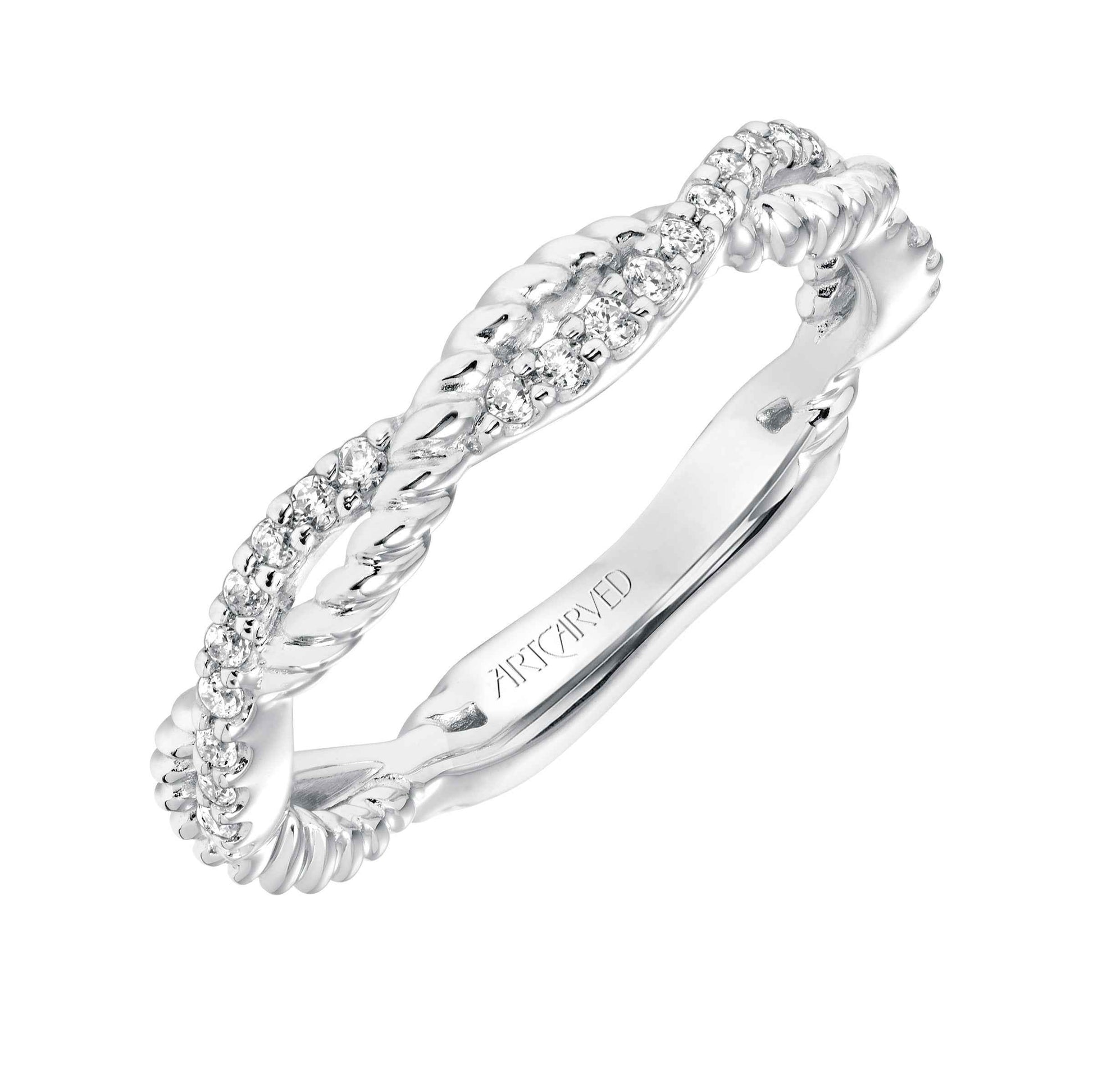 ArtCarved Contemporary 1/5 ct. tw. Diamond and Rope Accent Twisted Wedding Band in 14K White Gold front view