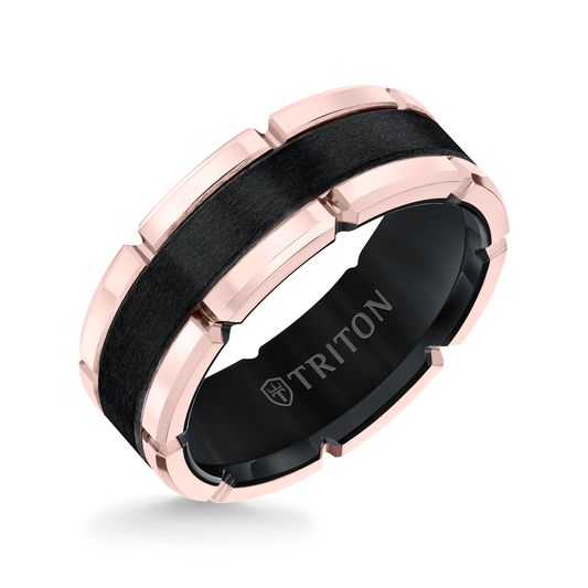 Triton Men's 8MM Black and Pink Tungsten Wedding Band front view