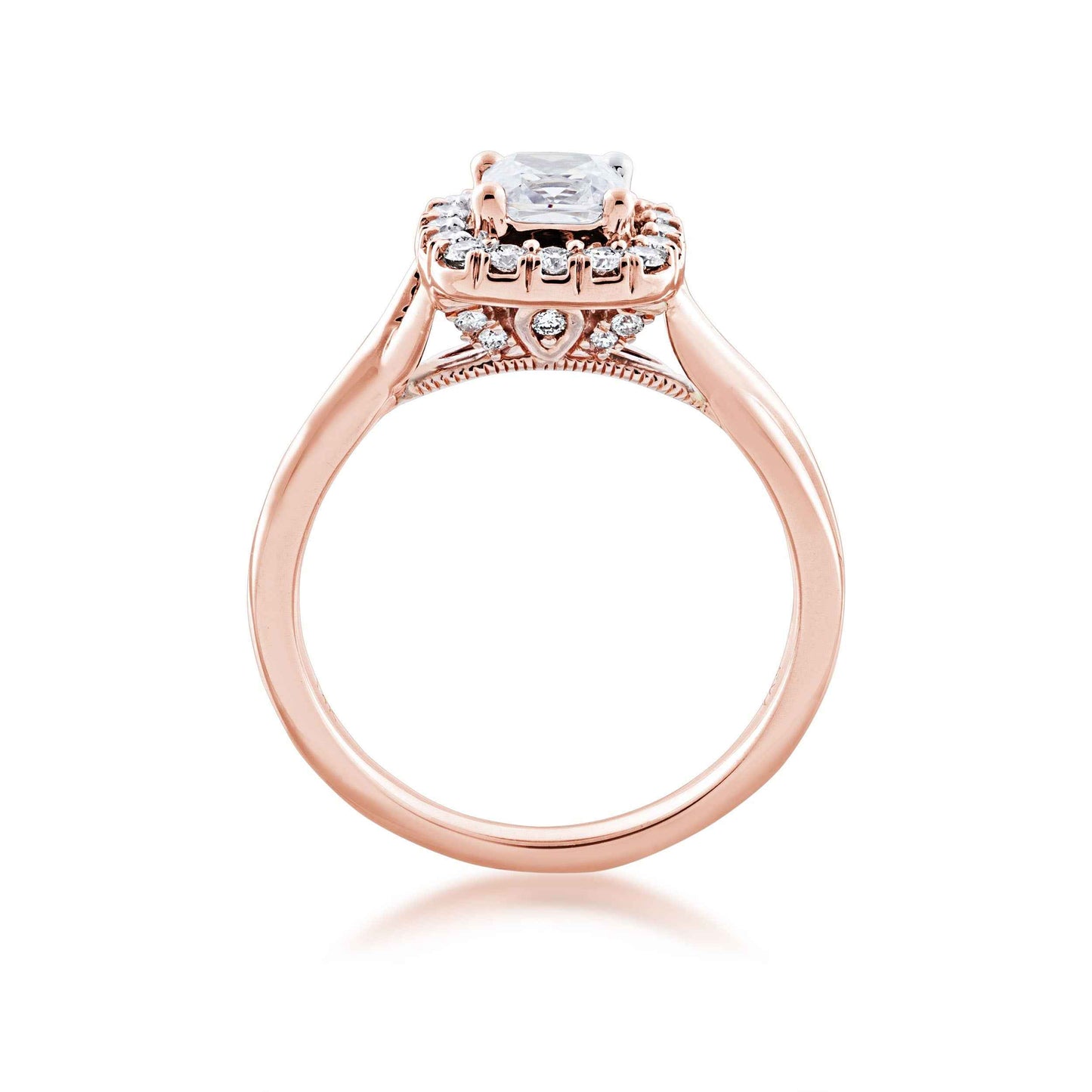 Noventa 1-1/5 ct. tw. Cushion Cut Diamond Center Wedding Set with Round Brilliant Halo & Band in 14K Pink Gold side profile