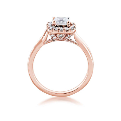 Noventa 1-1/5 ct. tw. Cushion Cut Diamond Center Wedding Set with Round Brilliant Halo & Band in 14K Pink Gold side profile