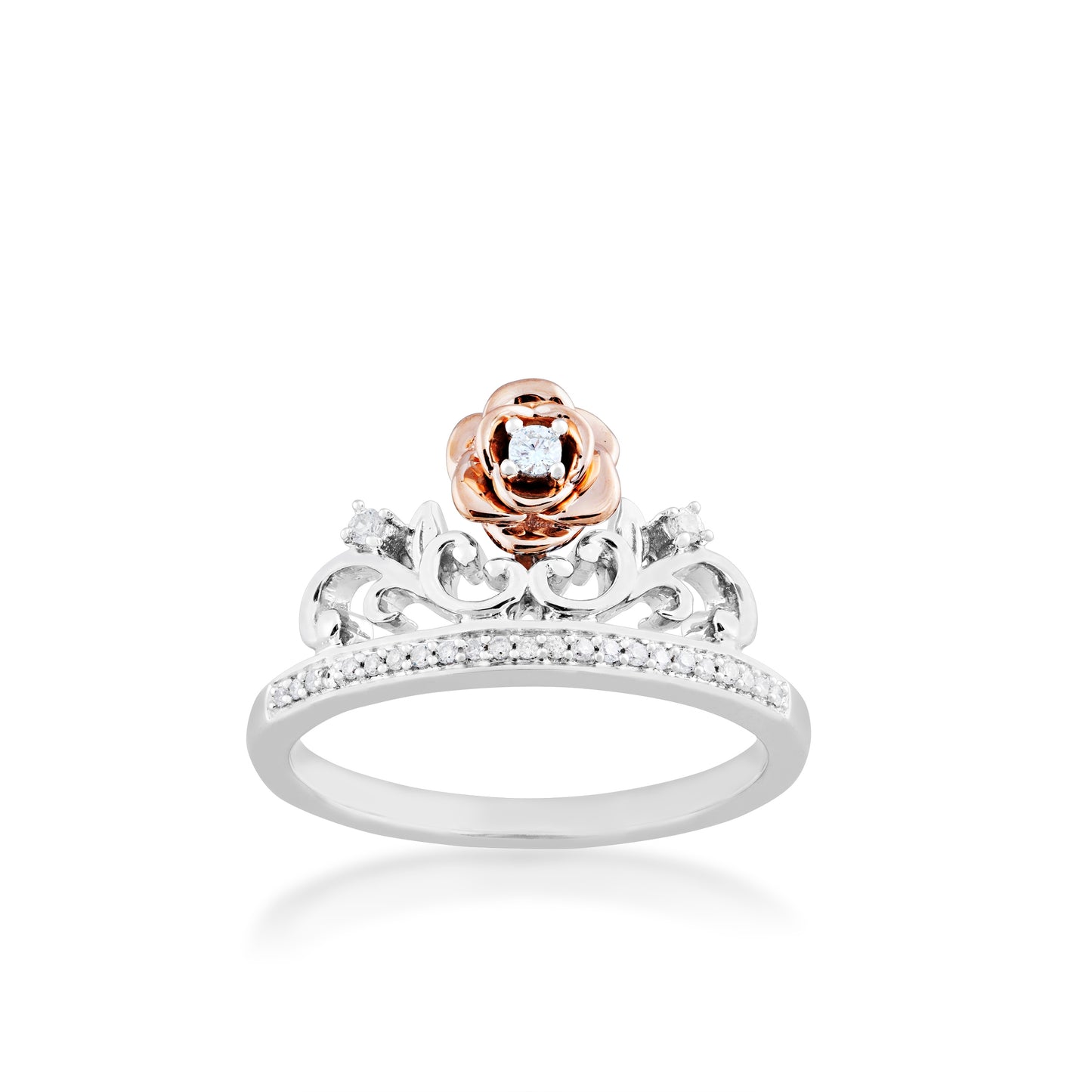 Enchanted Disney Belle 1/10 ct. tw. Rose Tiara Ring in Sterling Silver and 10K Pink Gold Rose front view