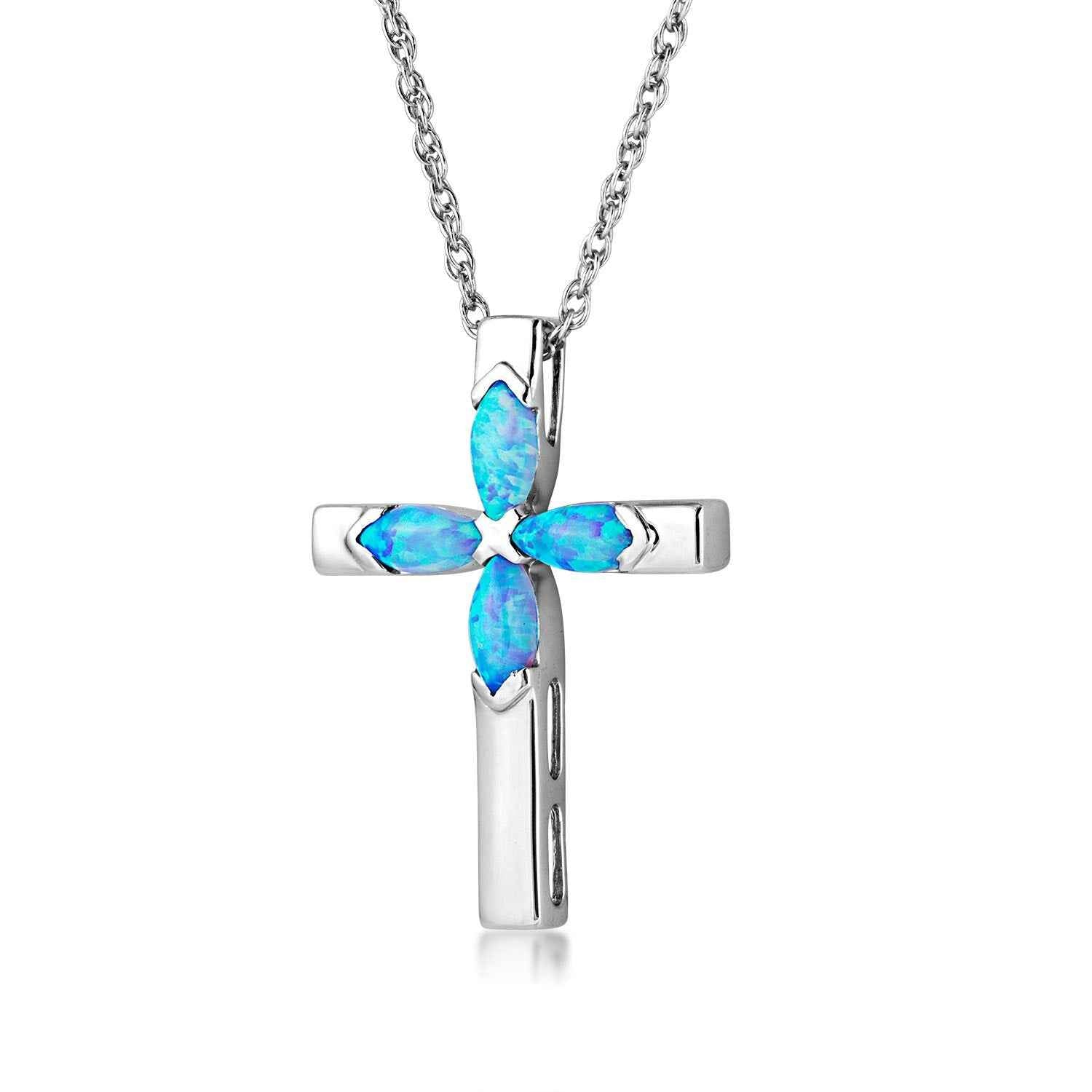 Synthetic Blue Marquise Opal Cross Pendant in Sterling Silver