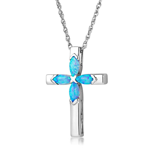 Synthetic Blue Marquise Opal Cross Pendant in Sterling Silver