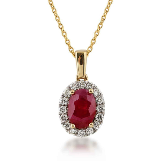 Kallati Oval Ruby and 1/6 ct. tw. Diamond Halo Pendant in 14K Yellow Gold